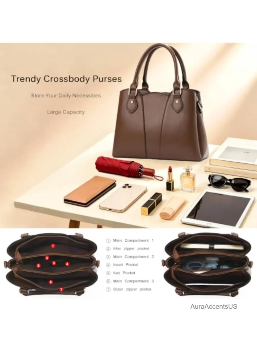 Vegan Leather Crossbody Satchel Tote Purse with Zipper & Strap